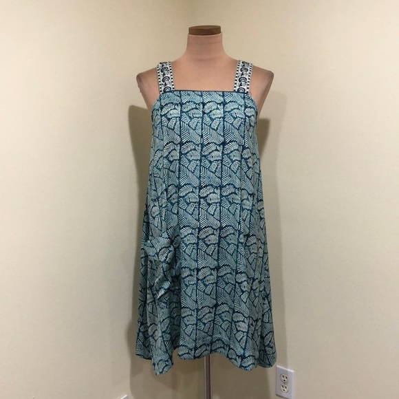 Anthropologie TINY Palms Mini Dress Size Small Teal Blue Cream Ikat - Picture 2 of 11
